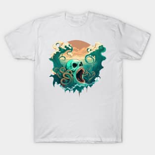 sea ​​kraken skull covering itself between waves, colorfull T-Shirt